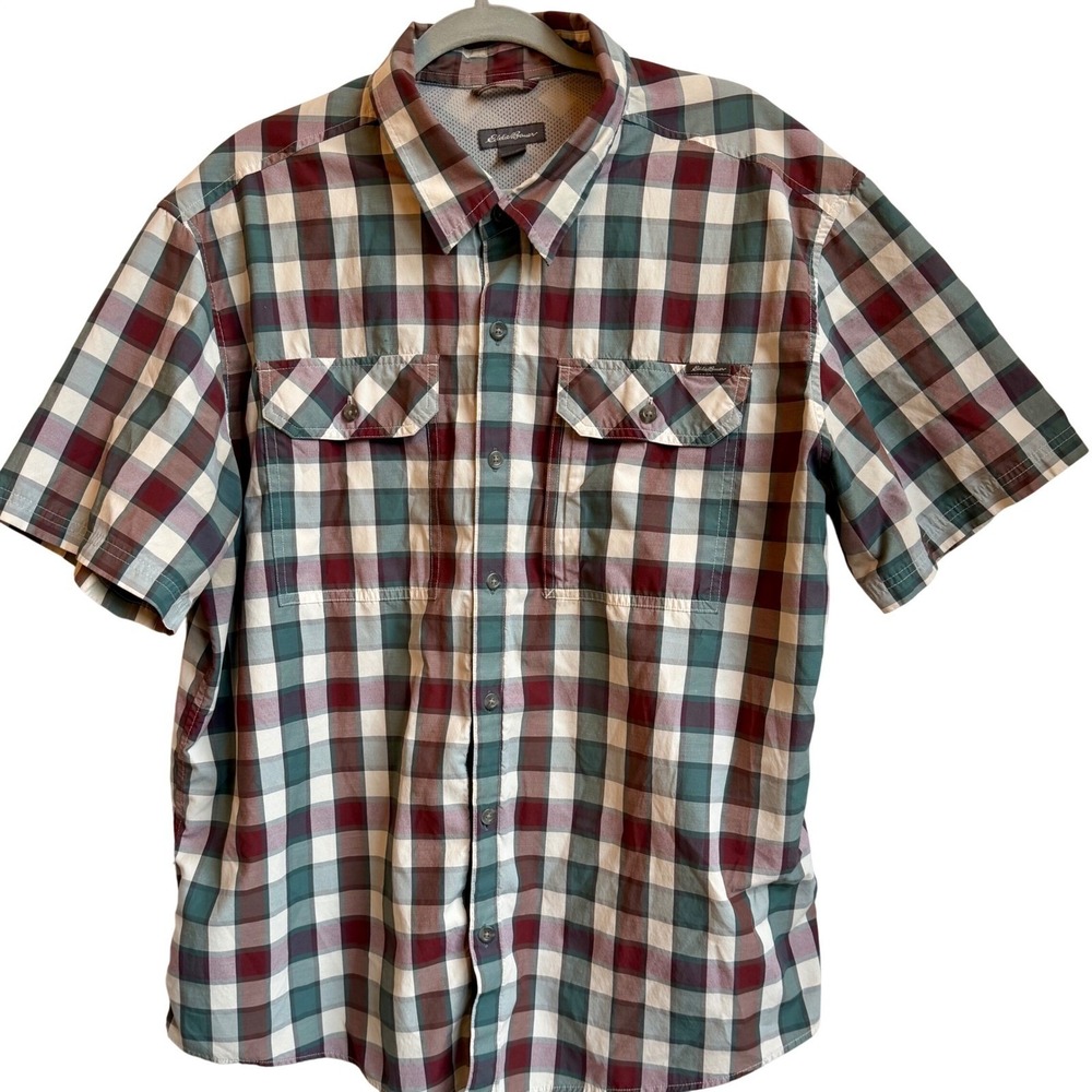 Eddie Bauer Plaid Short Sleeve Shirt Men's 2XL Red Burgundy Green White Classic‎